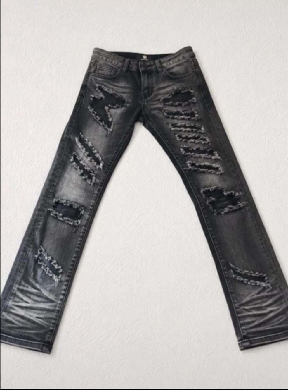CLD Straight Leg Black Distressed Jeans with Patchwork Detail